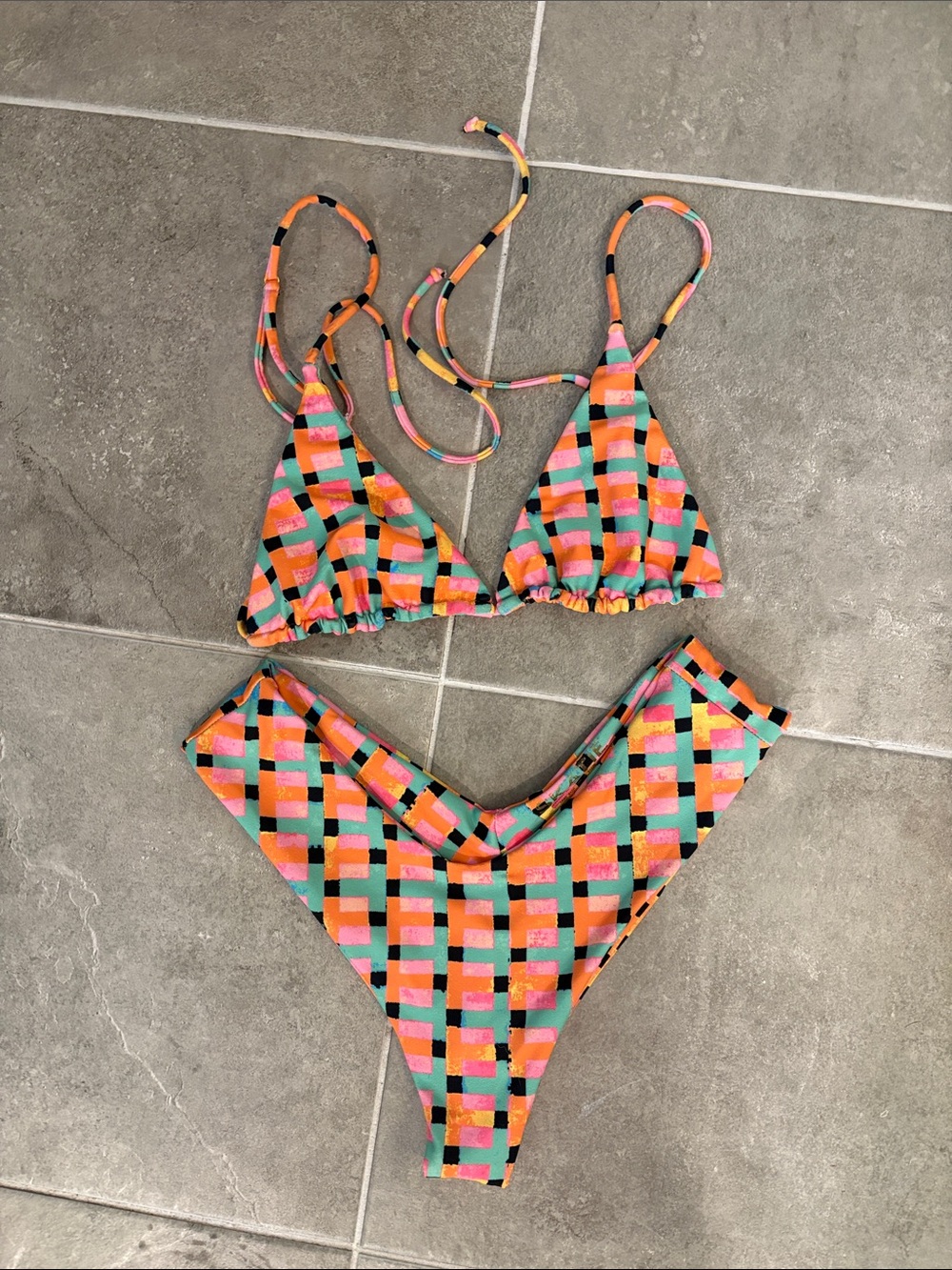 Skatie Multicolor Checkered Bikini — Orange, Pink, Mint, Black